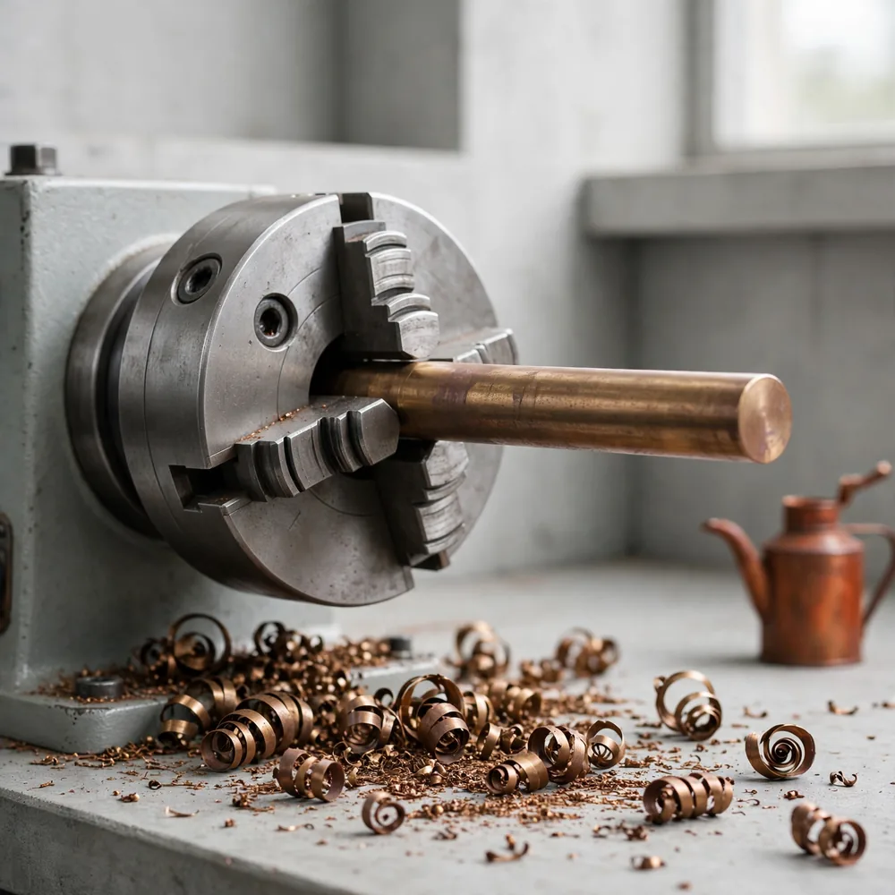 A lathe chuck with a bronze bar