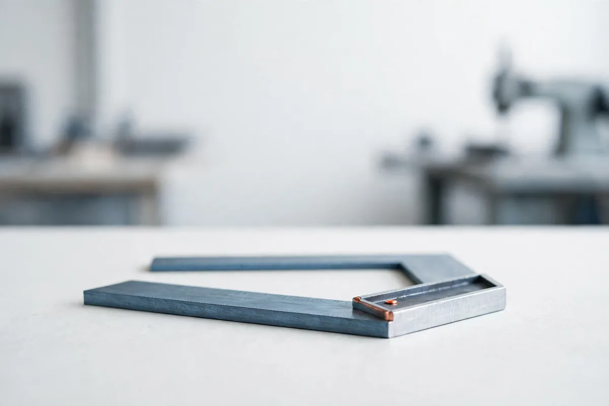 A steel square lying on a clean bench