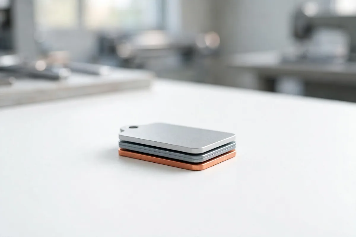 A small stack of blank metal tags