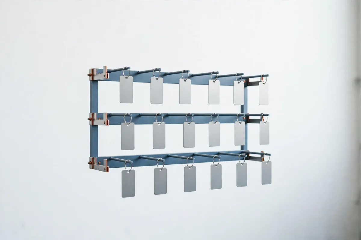 A steel shelf with short bars and blank tags
