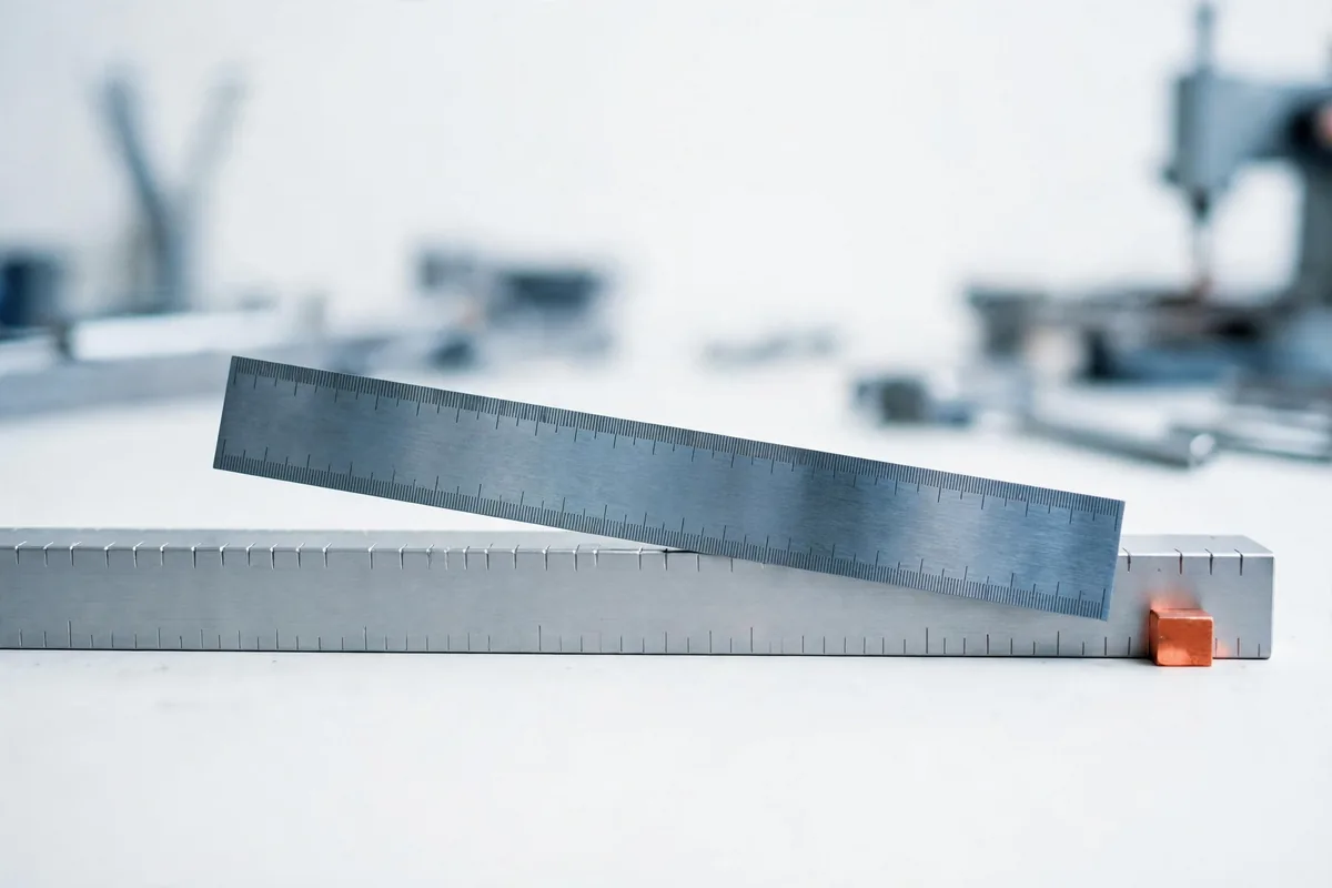 A steel ruler across a marked bar