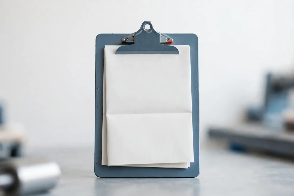 A folded sheet on a clipboard