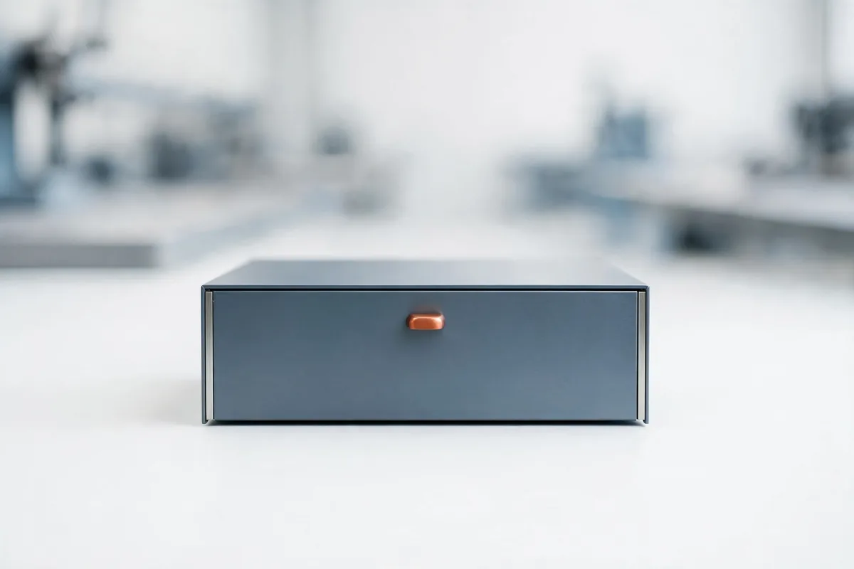 A closed steel drawer