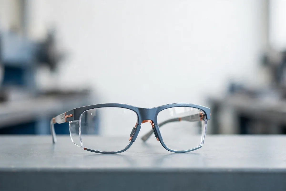 A pair of safety glasses on a bench