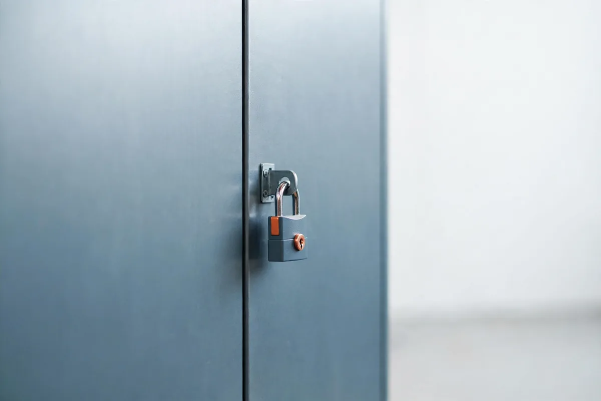 A small padlock on a steel cabinet door