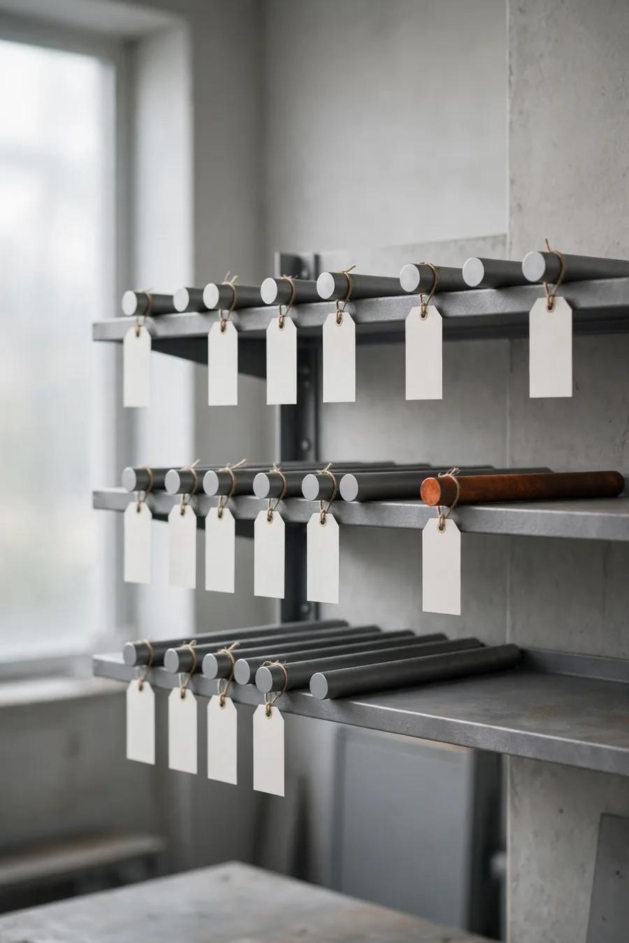 Short bars on a shelf with tags